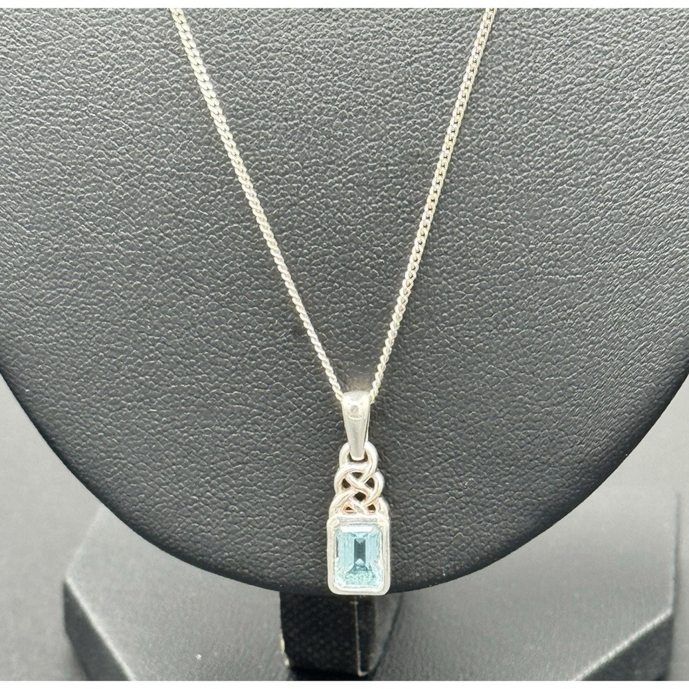 Sterling Silver Emerald Cut Blue Topaz Pendant‎ Necklace Celtic Design 10" READ